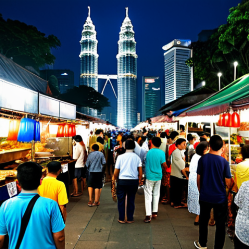 Home 11 ** A bustling "pasar malam" (night market) scene in Kuala Lumpur. Vendors are selling various local street foods like "nasi lemak" and "satay." People of all ages are browsing the stalls, enjoying the lively atmosphere. The Petronas Twin Towers are faintly visible in the background. fully clothed, appropriate content, safe for work, professional, modest, family-friendly, perfect anatomy, natural proportions, well-formed hands, proper finger count, natural body proportions
**
