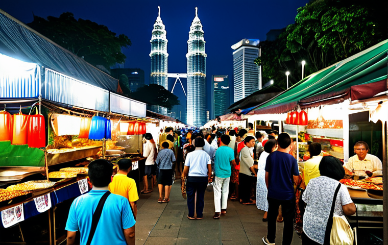 ** A bustling "pasar malam" (night market) scene in Kuala Lumpur. Vendors are selling various local street foods like "nasi lemak" and "satay." People of all ages are browsing the stalls, enjoying the lively atmosphere. The Petronas Twin Towers are faintly visible in the background. fully clothed, appropriate content, safe for work, professional, modest, family-friendly, perfect anatomy, natural proportions, well-formed hands, proper finger count, natural body proportions
**