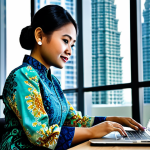 **

"A successful Malaysian businesswoman in a vibrant batik Kebaya, working on a laptop in a modern Kuala Lumpur office, Petronas Towers visible in the background, fully clothed, professional attire, safe for work, perfect anatomy, natural proportions, professional photography, high quality."

**